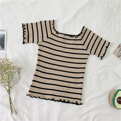 

Womens Slash Neck Striped Tshirts Girl Knitted Short Sleeve Ruffles Summer T-shirt Top for Woman