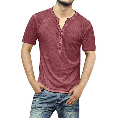 

Toponeto Mens Casual Slim Cotton Solid Short Sleeve V Neck Button T Shirts Tops Blouse