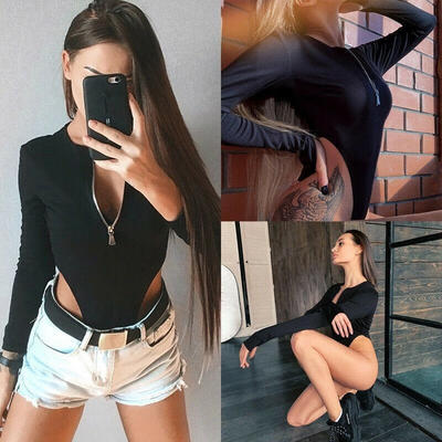 

Women Black Sexy V-Neck Zipper Up Long Sleeve Bodysuits One-piece New