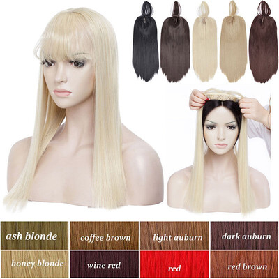 

17" Long Straight Hair Topper With Thin Air Bangs Clip In Hair Middle Part Synthetic Hairpiece For Women