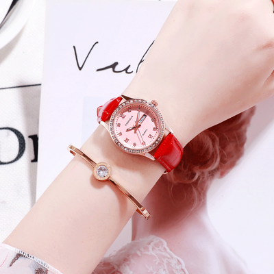 

New fashion girl watch double calendar water drill belt quartz watch woman Korean version of the Internet celebrity steel belt wom