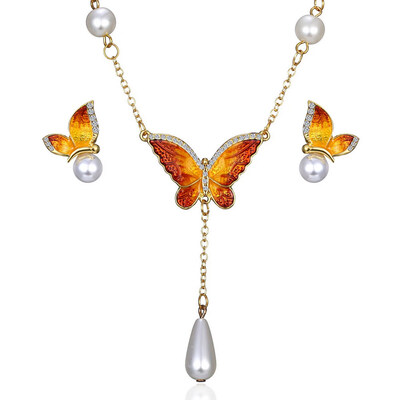 

Animal Butterfly Jewelry Set Enamel Butterfly Earrings Necklace Pendant Sets Imitation Pearls Women Wedding Party Jewelry