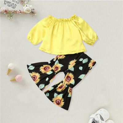 

US Newborn Baby Girl Kid Shoulder Tops Sunflower Flare Pants Summer Clothes Sets