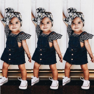 

Newborn Kids Baby Girl Plaid Tops Demin Suspender Dress Skirt Outfit Clothes