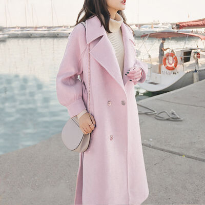 

Women Loose Winter Solid Color Lapel Double-breasted Casual Lantern Sleeve Warm Wool Coat With Belt