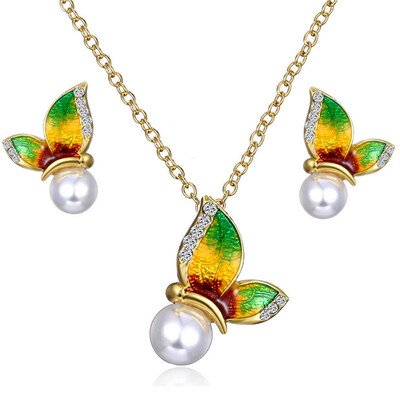 

Animal Butterfly Jewelry Set Enamel Butterfly Earrings Necklace Pendant Sets Imitation Pearls Women Wedding Party Jewelry