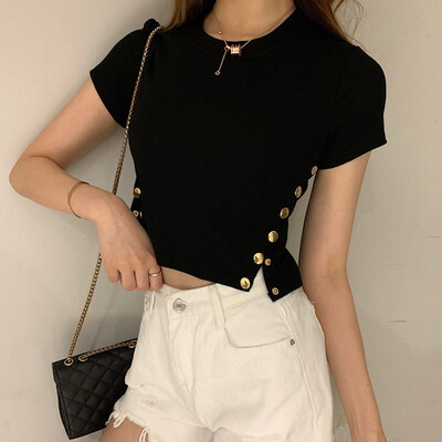 

Women Sexy Side Split Button T-shirt Cropped Bodycon O-neck Tight Tops For Female Women Cheap Clothing