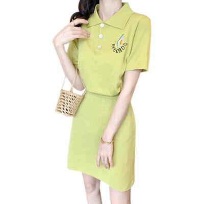 

women two piece outfits Fashion Concise Casual Green T-shirts&skirt Set Slim Fit Sexy Lapel All-match Solid Color Skirt Set