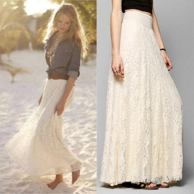 

Women Long Maxi Dress Elastic Waist Skirts Double Lace Layer Chiffon Pleated UK