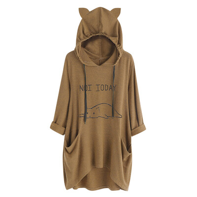 

Starmoon Women Casual Lying Cat Printed Long Sleeve Cat Ear Hooded Sweatshirt Pocket Tops
