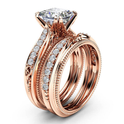 

Superb Women 14K Rose Gold Retro Mosaic Diamond Engagement Ring Elegant Stackable Bridal Wedding Rings Set Size 6 7 8 9 10