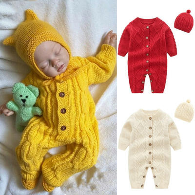 

2PCS Winter Newborn Baby Girl Boy Knitted Long Sleeve Romper OverallsHat Clothes Age For 0-18 Months