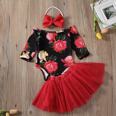 

3PCS Newborn Baby Girl Clothes Romper JumpsuitTutu SkirtHeadband Outfit Set