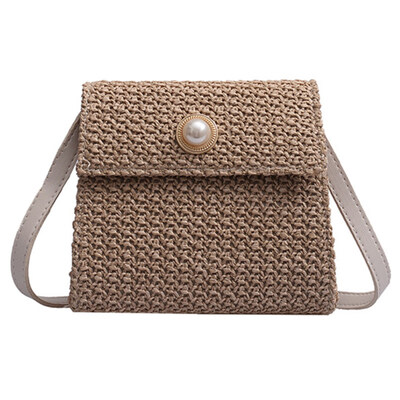 

Summer Beach Women Faux Pearl Square Straw Weave Flap Crossbody Shoulder Bag