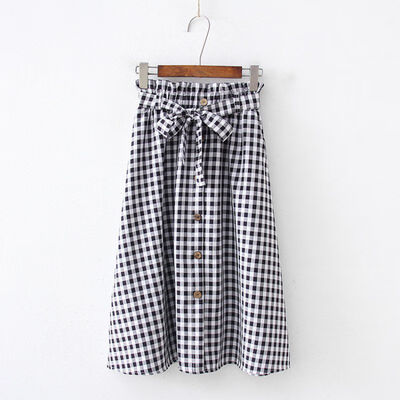 

Women Vintage Literary Style Elastic High Waist Button Plaid Print Wild A Word Long Paragraph Skirt
