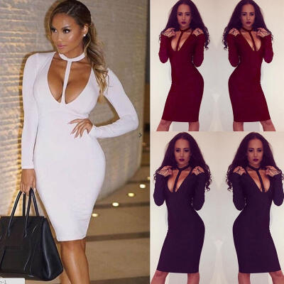 

HOT Women Sexy Deep V Neck Halter Long Sleeves Bodycon Mini Clubwear Party Dress