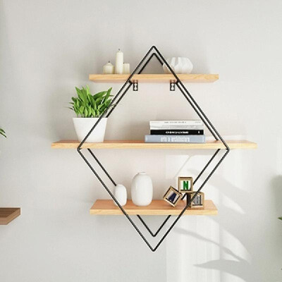 

Vintage Iron Metal Wood Wall Storage Shelf Rack Industrial Style Rhombus Wood Iron Craft Wall Book Hanging Rack Modern Bedroom Off