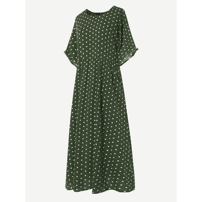 

New Women Fashion Casual Wave Point Printed Maxi Dress Short Sleeve Round Neck Plus Size Long Loose Dress