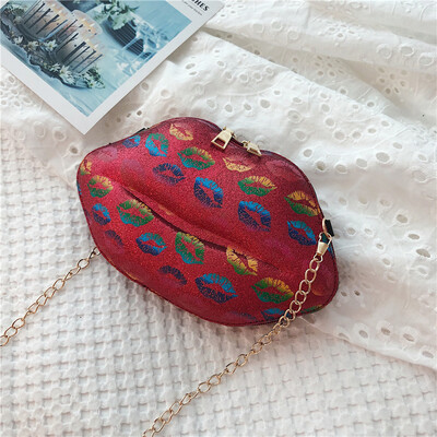 

2019 new casual wild chic lip print personality Messenger bag female fashion tide sequins lips chain shoulder bag