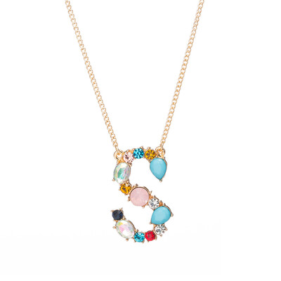 

A-Z Capital Letter Pendant Colorful Rhinestone Inlaid Women Necklace Jewelry