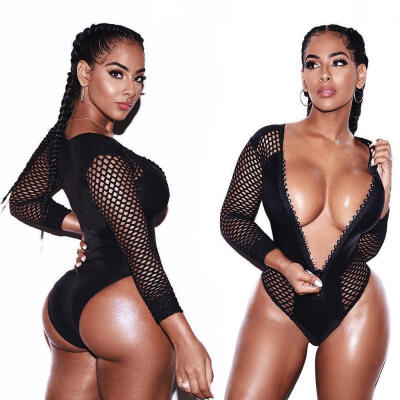

Women Striped Sheer Bodysuit Zipper Long Sleeve Jumpsuit Romper Sexy