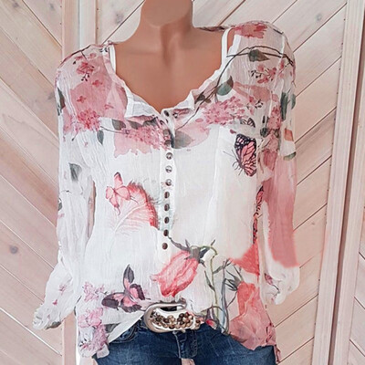 

Nomeni Women Casual Floral Printed Button T-Shirt Chiffon Irregular Hem Top Blouse