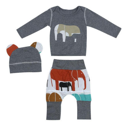 

3pcs Baby Elephant Color Printing Long Sleeved CoatLong PantsHat