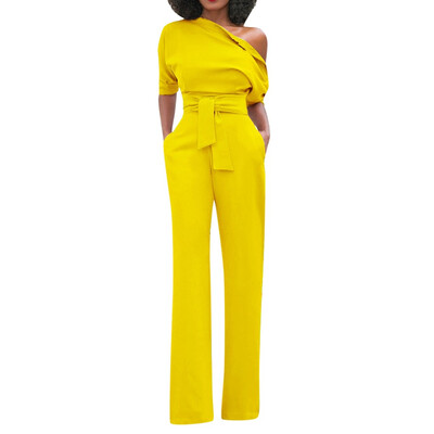 

Starmoon Womens Sexy Solid Off Shoulder Short Sleeve With Belt Slim Jumpsuit