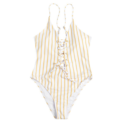 

Striped Women Swimwear Sexy Lace Up One Piece Swimsuit Backless Bathing Suit