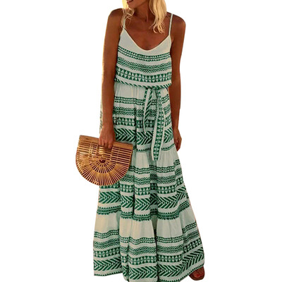 

Large Size Loose Bohemian Deep V-neck Print Sling Beach Dress  High Waist Dress