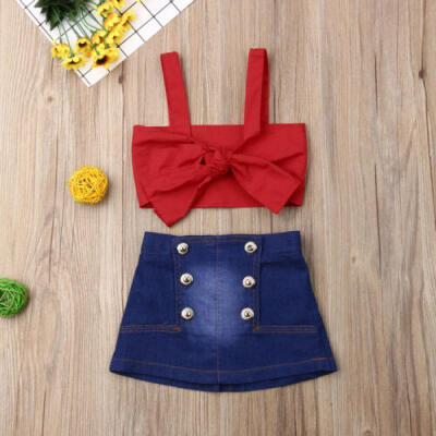 

US 2PCS Kids Baby Girl Sleeveless Bowknot Vest Tops Denim Dress Clothes Sunsnuit