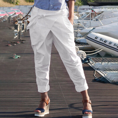 

Women Casual Loose Plus Size Pure Color Pocket Bandage Pants Linen Trousers
