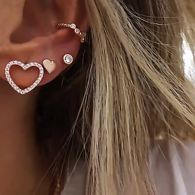 

4 PcsSet Simple Heart Geometric Crystal for Women Gold Fashion Bohemian Earring