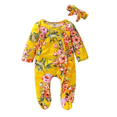 

Infant Summer Round Collar Long Sleeve Floral Print Girls Jumpsuit Climb Soft RomperHairband Two-piece Set