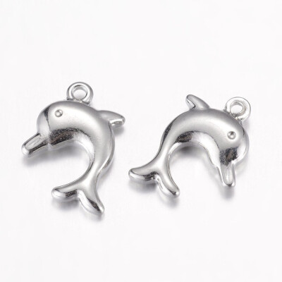 

304 Stainless Steel Pendants Dolphin Stainless Steel Color 17x13x35mm Hole 1mm