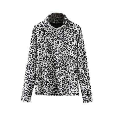

Nomeni Women High Collar Leopard Print Long Sleeves Cashmere Blouse Top