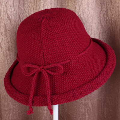 

2019 autumn&winter new Korean knitted woollen hat pure color lady turn over the rope bow warm the basin cap