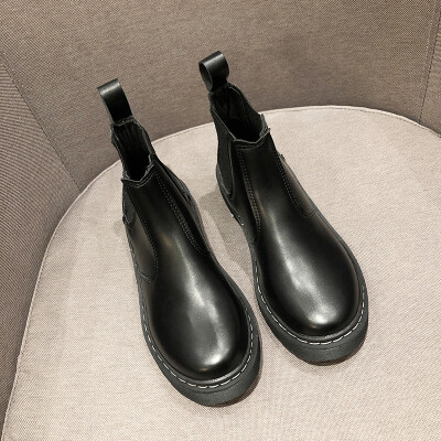 

Martins Boots Girls of British Style Korean Version of Chelsea Boots with Round Heads Flat Bottom Short Barrel&Slim Boots