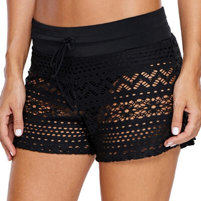 

Sexy Women Swim Bottom Lace Hollow Out Solid High Waist Swim Shorts Pants Swimwear Black