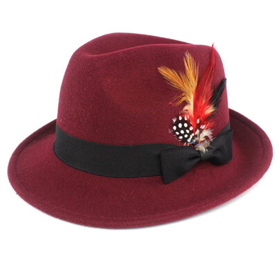 

6 Colors Men Hard Felt Feather Trilby Jazz Hat Woolen Pork Pie Hat
