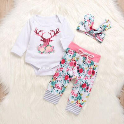 

US Christmas Infant Newborn Baby Girl Kid Deer Romper Top Pants Headband Clothes