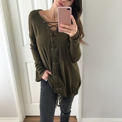 

Nomeni Womens Fashion Sexy Lace Bow Tie V Neck Solid Long Sleeve Tops Tanic Blouse