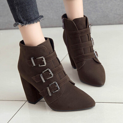

Rose Fashion Pure Color Pointed Toe Zipper Boots Chunky Heels Vintage Women Boots