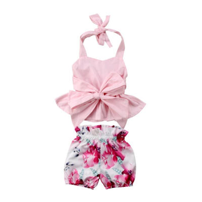 

Summer Baby Girl Casual Bowknot Design Sleeveless Strap Cotton Tops With Floral Shorts Outfits Set