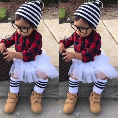 

Toddler Kids Baby Girl Red Plaid Blouse Tops Shirt WhiteTutu Skirts Dress 2pcs Outfits Clothes Set