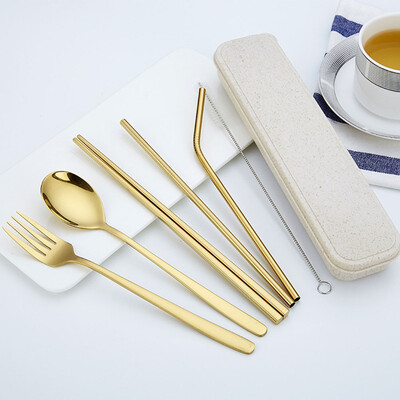 

304 stainless steel straw portable tableware set of 7 stainless steel spoon chopsticks set