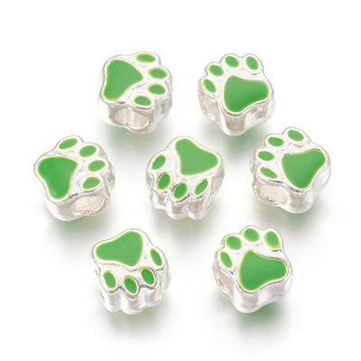 

Alloy Enamel European Beads Large Hole Beads Dog Paw Print Silver LimeGreen 11x10x7mm Hole 45mm