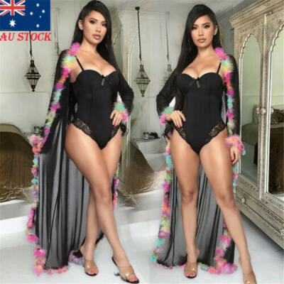 

AU New Women Leopard Long Mesh Sheer Perspective Blouses Swimwear Sleepwear Tops