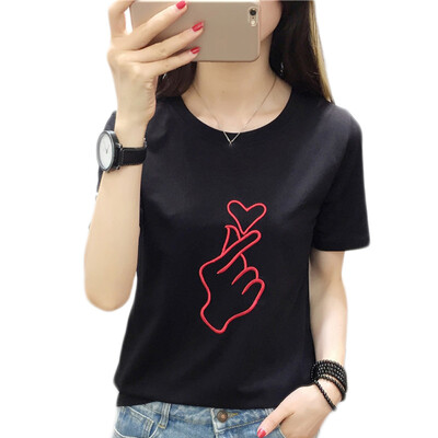

2XL Heart Embroidery Couples Summer T-shirt Heart O-neck Casual Short Sleeves T shirt For Women Tops Female BlackWhite Color