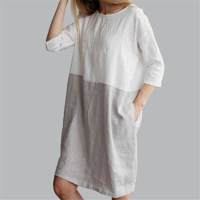 

Baggy Womens Casual Short Sleeve Dresses Cotton Linen Ladies Tunic Tops Dress
